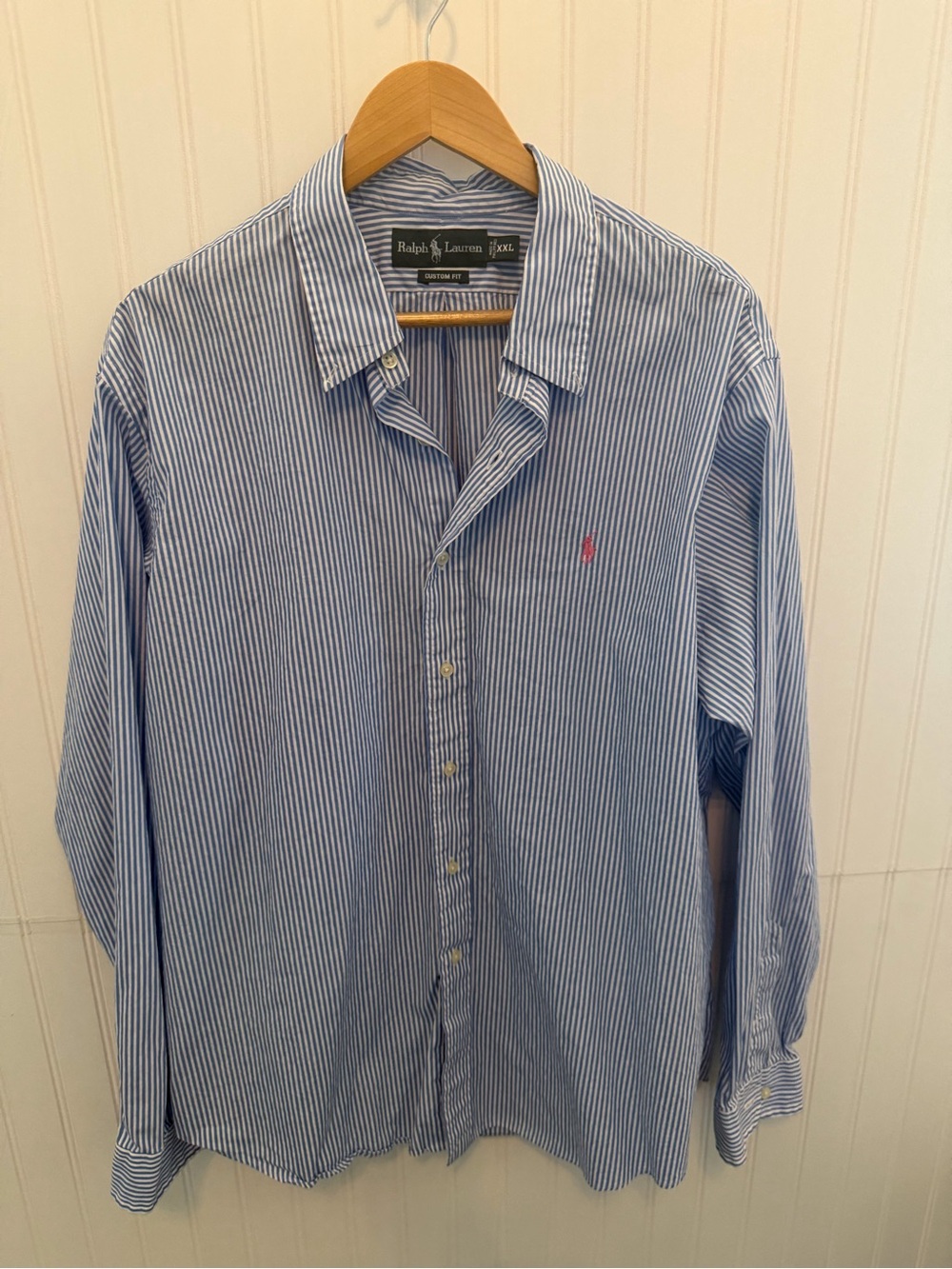 Ralph Lauren Blue and White Striped Button-Down Shirt with Pink Pony